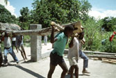 Men carry a big log for the rooftop